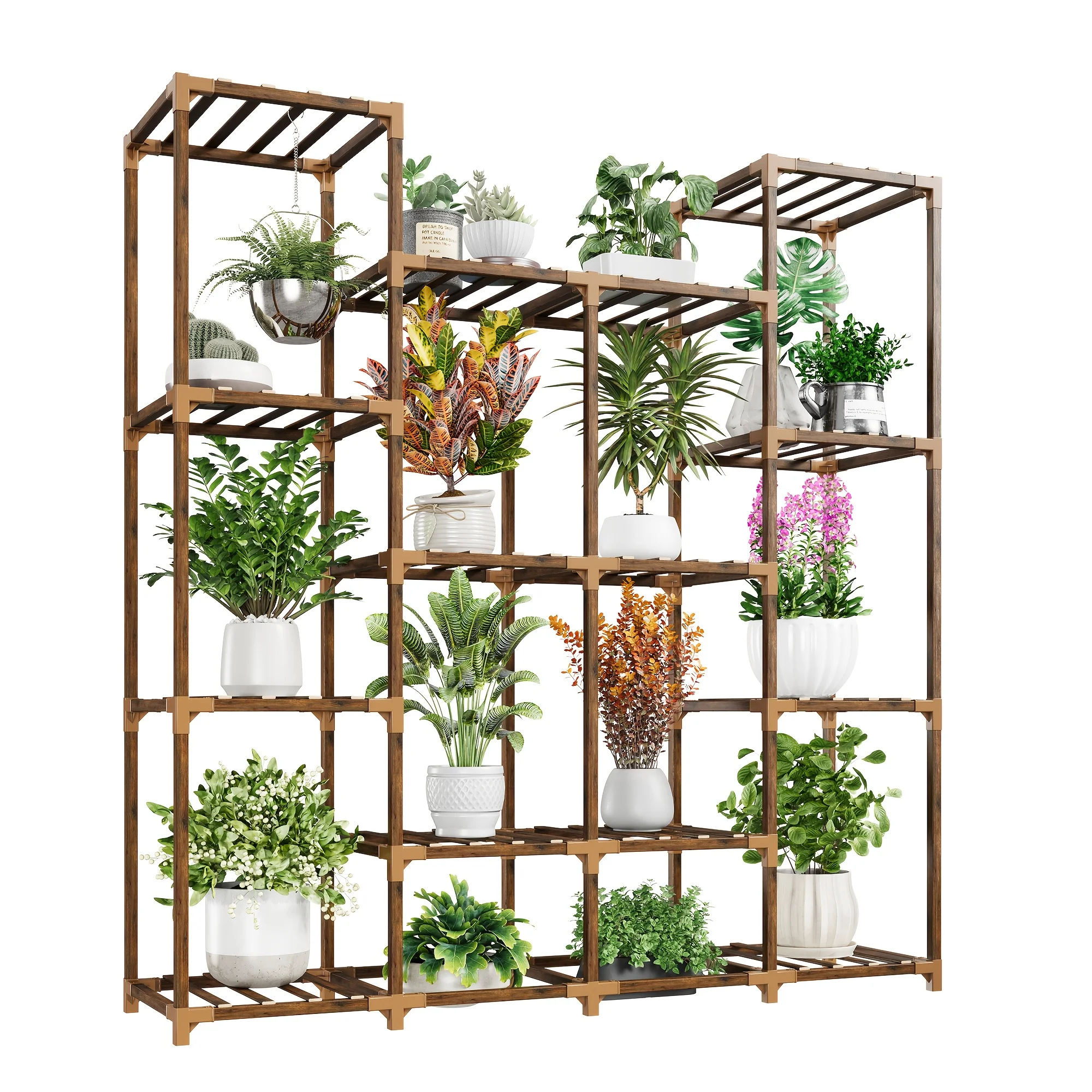 14-Tier Wooden Corner Plant Stand - Space-Saving Vertical Design with Hanging Space for Multiple Potted Plants
