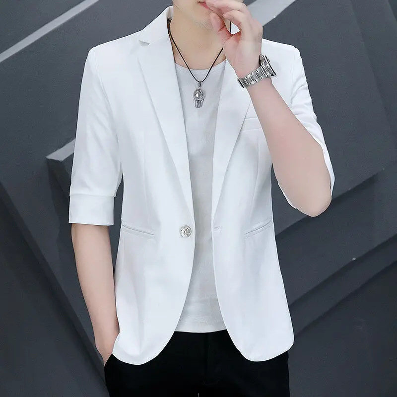 

Slim Fit Men's Summer Casual Tee-Quarter Sve Suit Jaet Faionable Youth Sle Single-breasted Polyester Blend