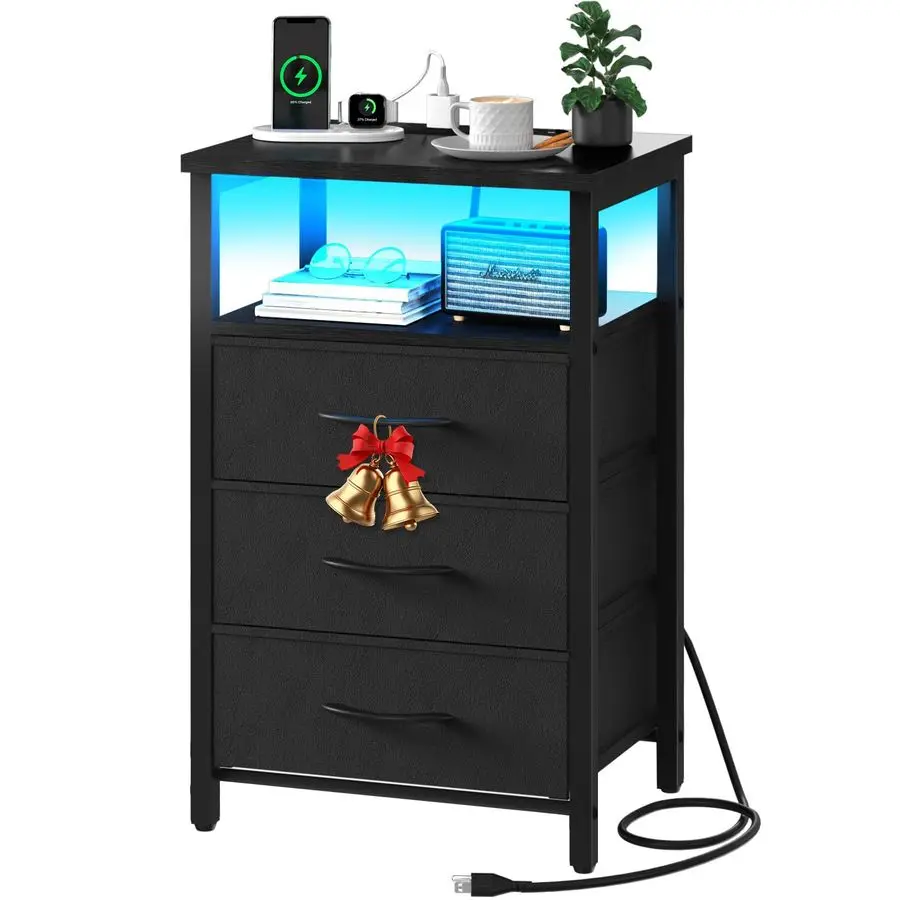 

Прикроватная тумбочка с зарядной станцией, 16-цветная светодиодная тумбочка с USB-портами и розетками, торцевой столик с 3 тканевыми ящиками и хранилищем