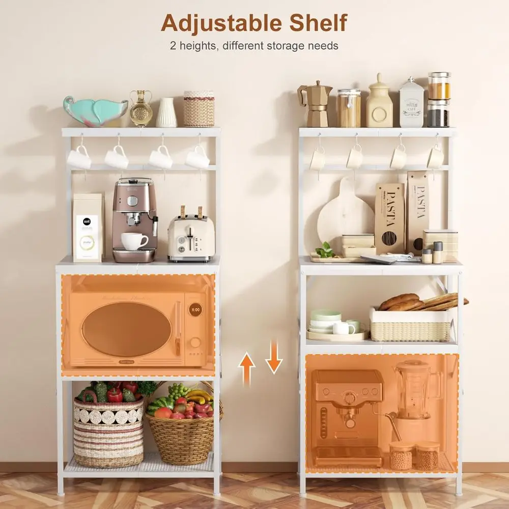 Carrello portaoggetti da cucina bianco a 4 livelli con caffettiera e 8 ganci, ripiani regolabili per elettrodomestici