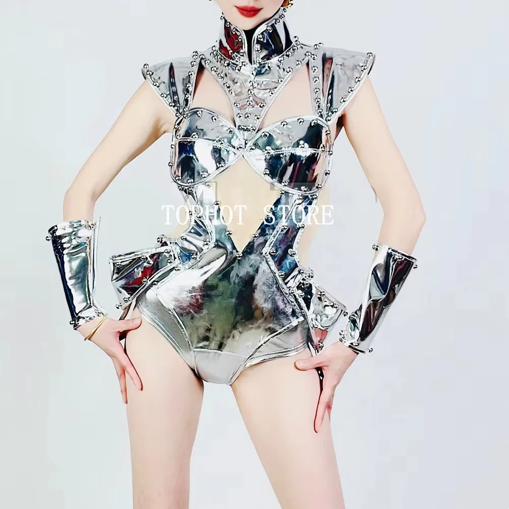 Women Sexy Silver Rivet Laser Leather Bodysuit Drag Club Party Stage Wear Queen Costume Gogo Singer Dancer Performance Clothes