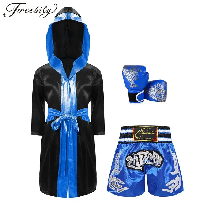

Kids Boys Boxing Costumes Halloween Carnival Cosplay Costumes Hoodie Boxer Robe Cloak with Muay Thai Shorts Boxing Gloves