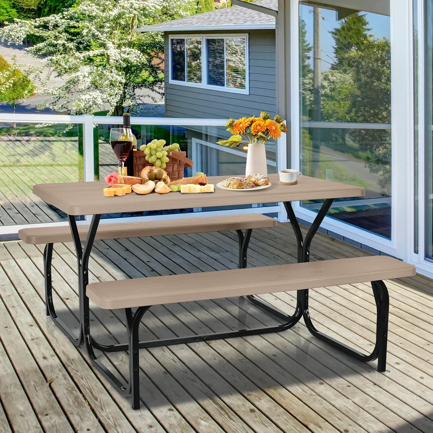 Picnic Table Set Outdoor Patio Table Bench Set with Steel Frame Plastic Table Top for Garden Lawn Backyard