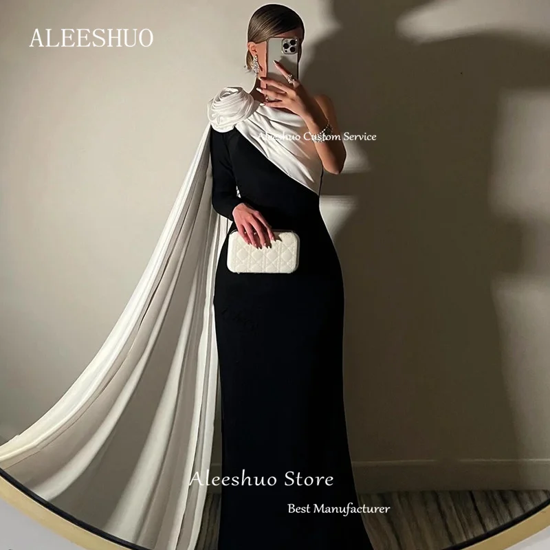 Aleeshuo Modern Black Mermaid Evening Dresses Satin One Shoulder Prom Dress Pleated Flower Party Dresses Court Train Customized