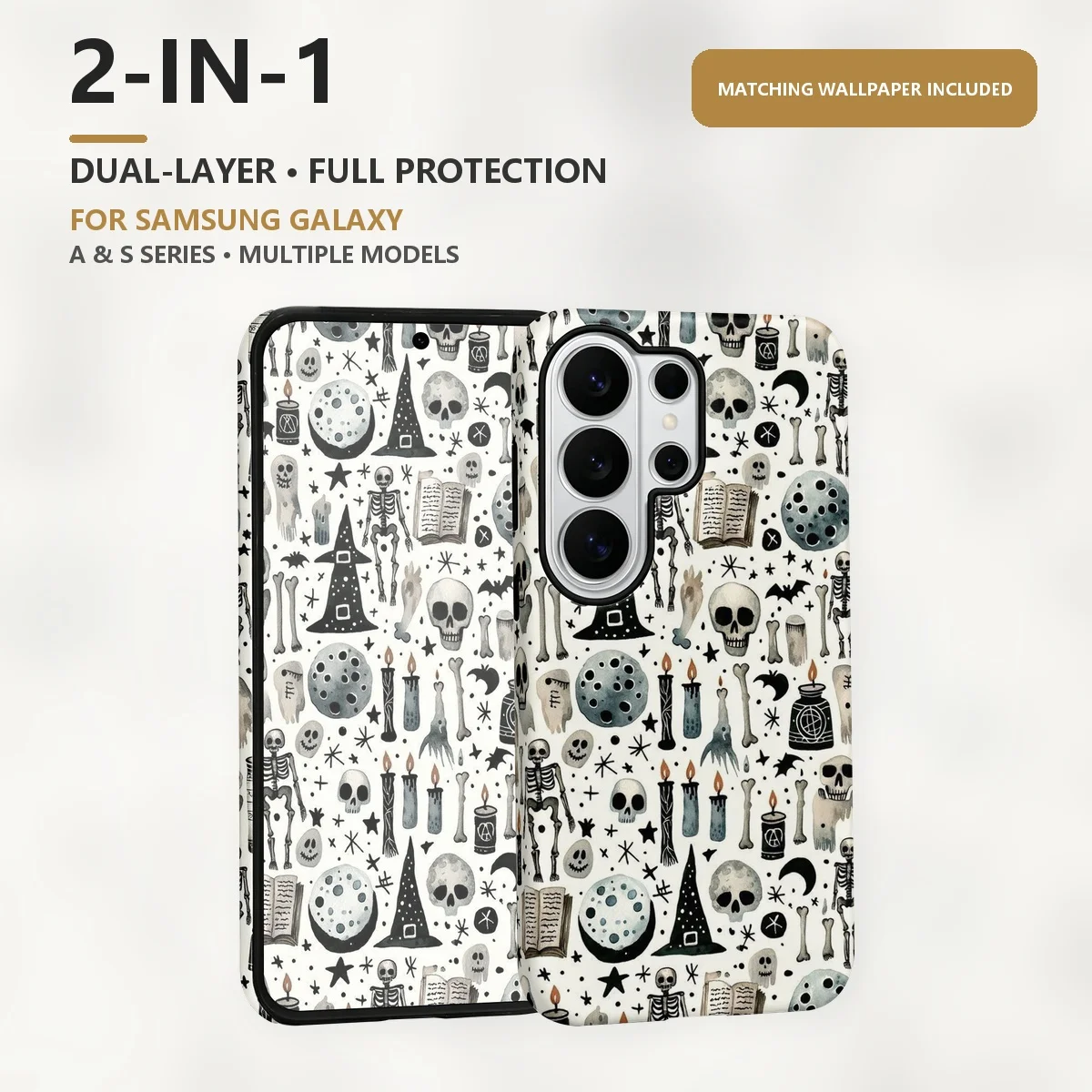 Watercolor Skeleton Pattern 2-in-1 Dual-Layer Phone Case for Samsung Galaxy S26 S25 S24 Plus Ultra FE S20 FE A56 A17 A16 A15