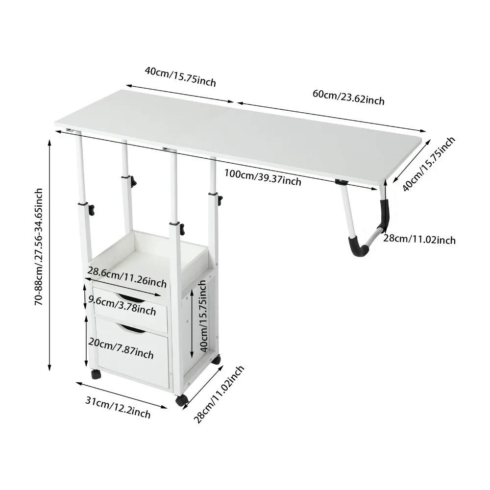 Overbed Table, Durable Adjustable Bedside Table with Cabinet, Height Adjustable 27.56-34.65 Inch, White Frame, Anti-Rust Metal Support for Storage