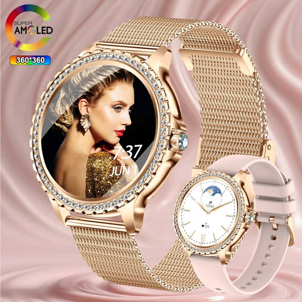 Reloj inteligente a la moda para Mujer, reloj inteligente AMOLED de 1,32 pulgadas con pantalla HD 360x360, llamada Bluetooth, pulsera de monitoreo de salud para Mujer