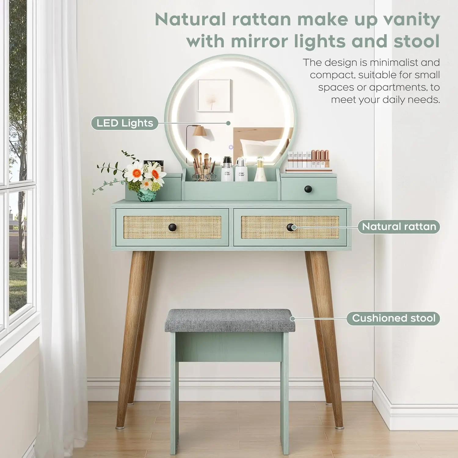 Bedroom Natural Rattan Mint Vanity Desk with Adjustable Lighted Mirror view 4