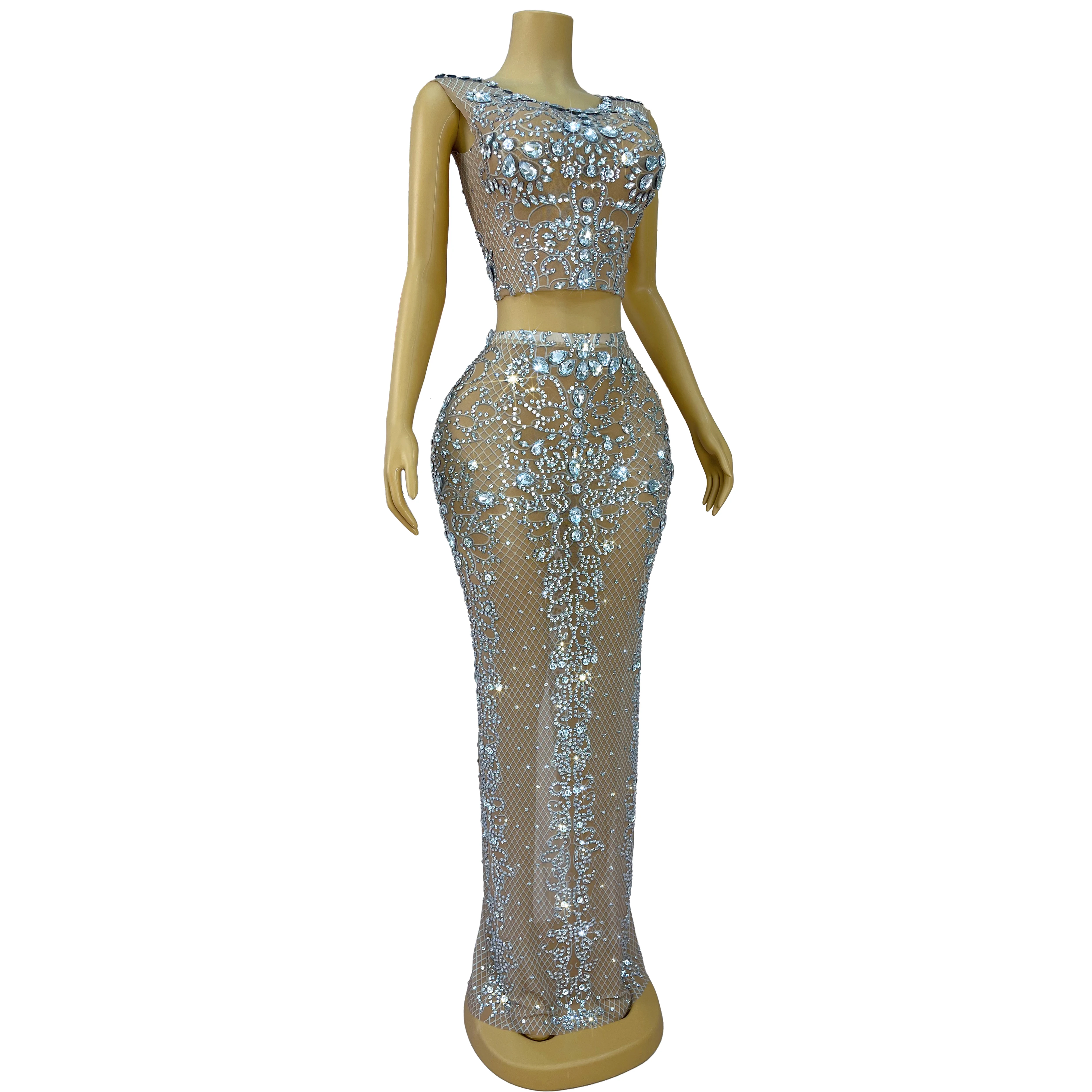 Mode Sparkly Strass Mesh Rock Set Frauen Party Hochzeit Prom Elegantes Kleid Roter Teppich Zeigen Bühne Kostüm Hualanfenti