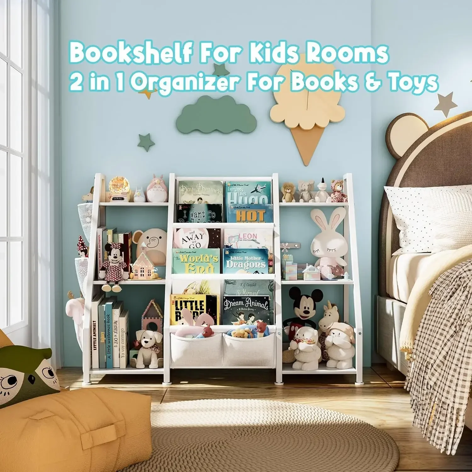 Grande bibliothèque de rangement pour enfants, étagère à livres à 3 niveaux, étagère à jouets pour tout-petit, présentoir T1 avec 3 poches pour chambres d'enfants