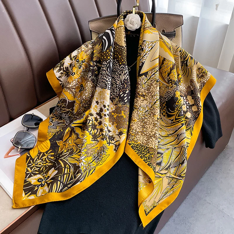 2024 New Twill Square Silk Scarf for Women Design Floral Print Wraps Stoles Hijab Foulard Headband Fashion Lady Shawl Bandana