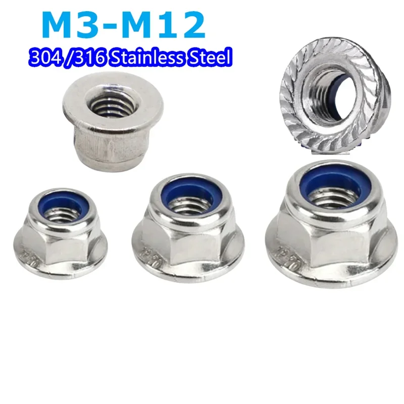 M3 M4 M5 M6 M8 M10 M12 304 316 Stainless Steel Hex Flange Nylon Insert Lock Nut Self-locking Nylock Locknut