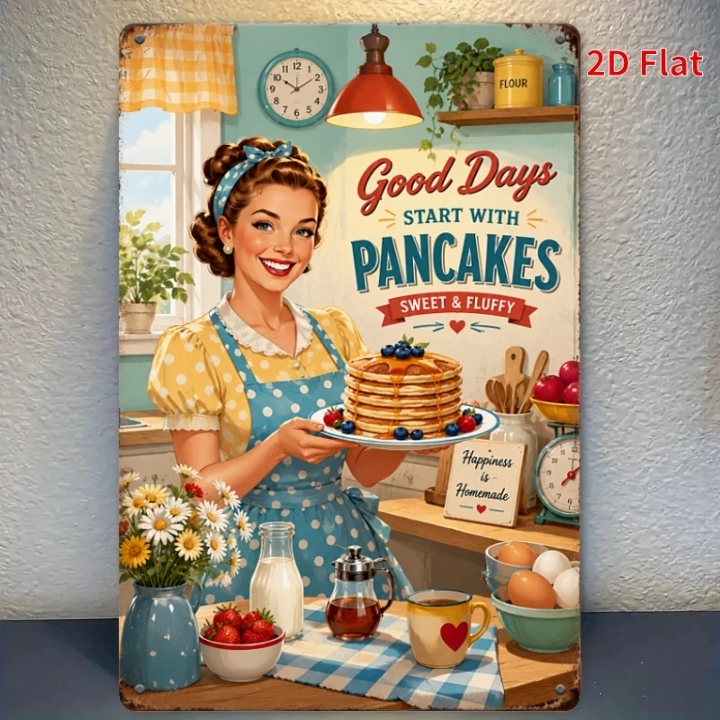 2D Flat, 1pc 30X20Cm- Vintage Kitchen Pancake Metal Sign, Vintage Wall Decor, Pancake Starts Day Right Metal Plaque, Suitable Ki