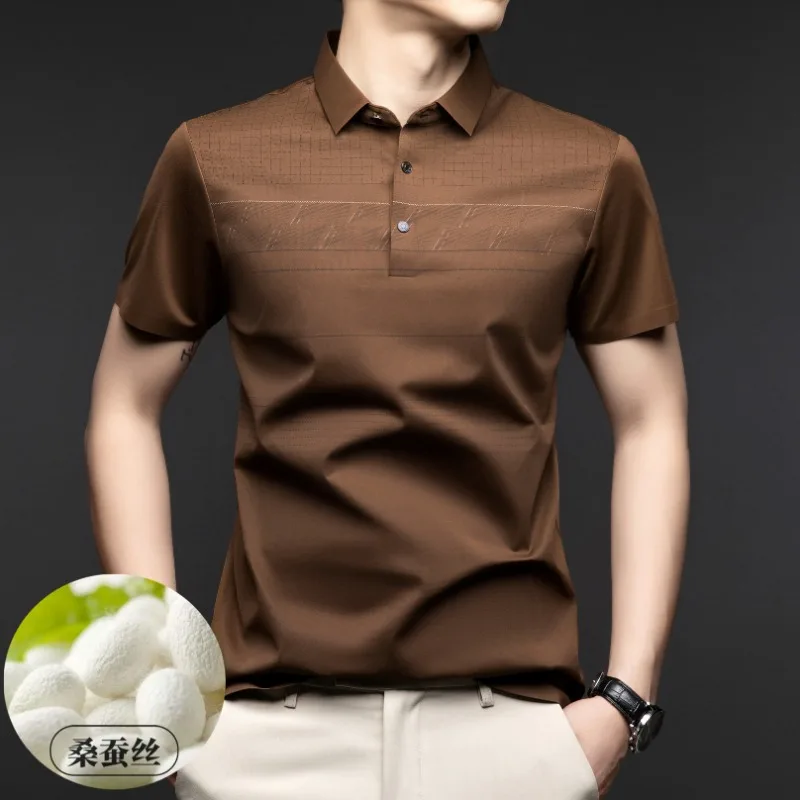 

Рубашка-поло мужская из шелка тутового шелкопряда, Повседневная деловая рубашка с коротким рукавом, с лацканами, приталенная, для гольфа, одежда для мужчин, на лето
