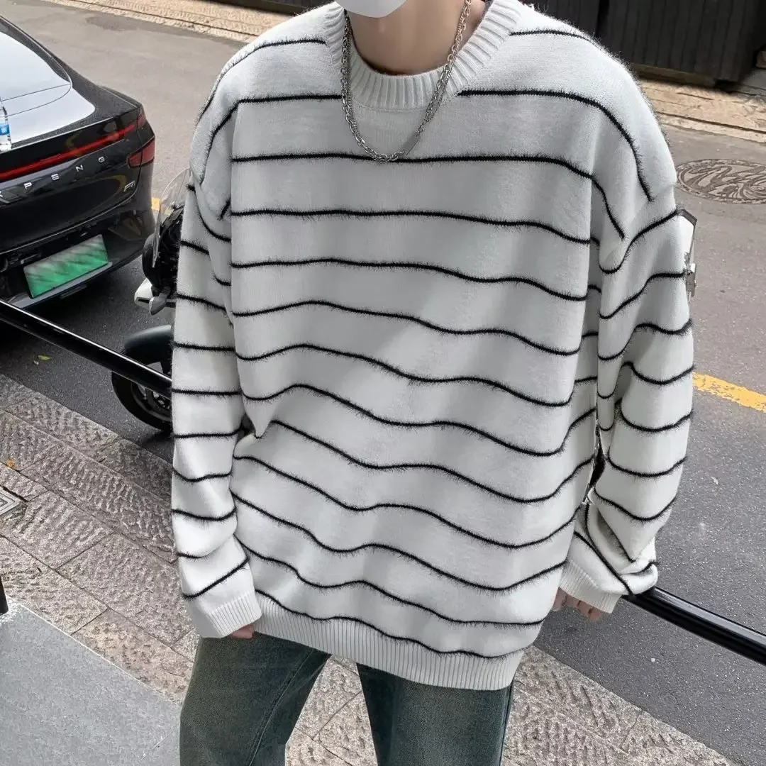 Japanese Fashion Retro Knitted Striped Sweater T-shirt for Men Autumn Winter Korean Harajuku Baggy Men's Hoodies Y2k Streetwear