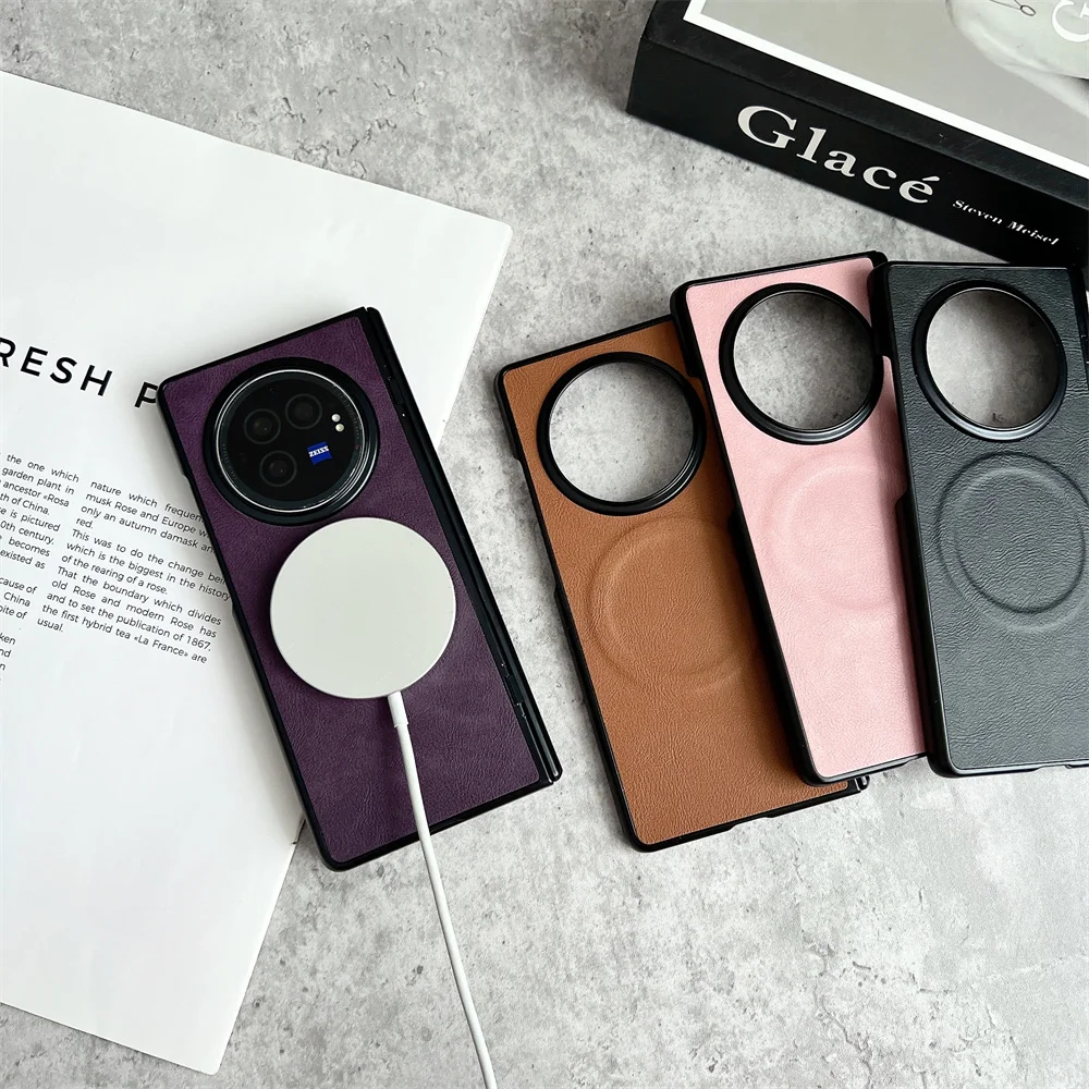 حافظة هاتف MagSafe بنمط جلدي من Busine لهاتف VIVO X Fold 5 3 Pro غطاء حماية للشاشة المفصلي غطاء شحن لاسلكي مغناطيسي