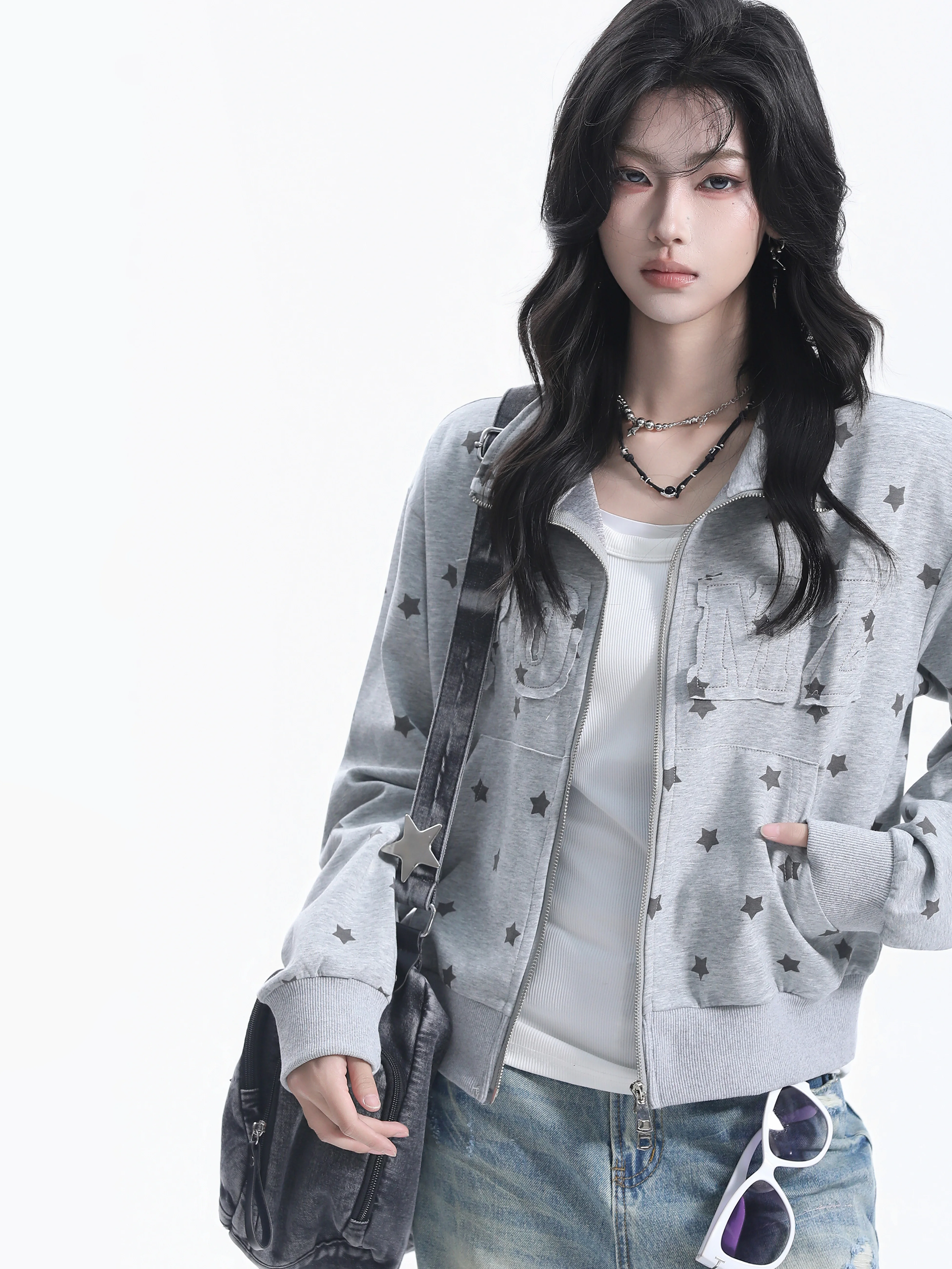 Street Style Short Jacket Women's Loose Fit Cotton Stand Collar Letter Patchwork Sportswear Star Print High Street Fashion