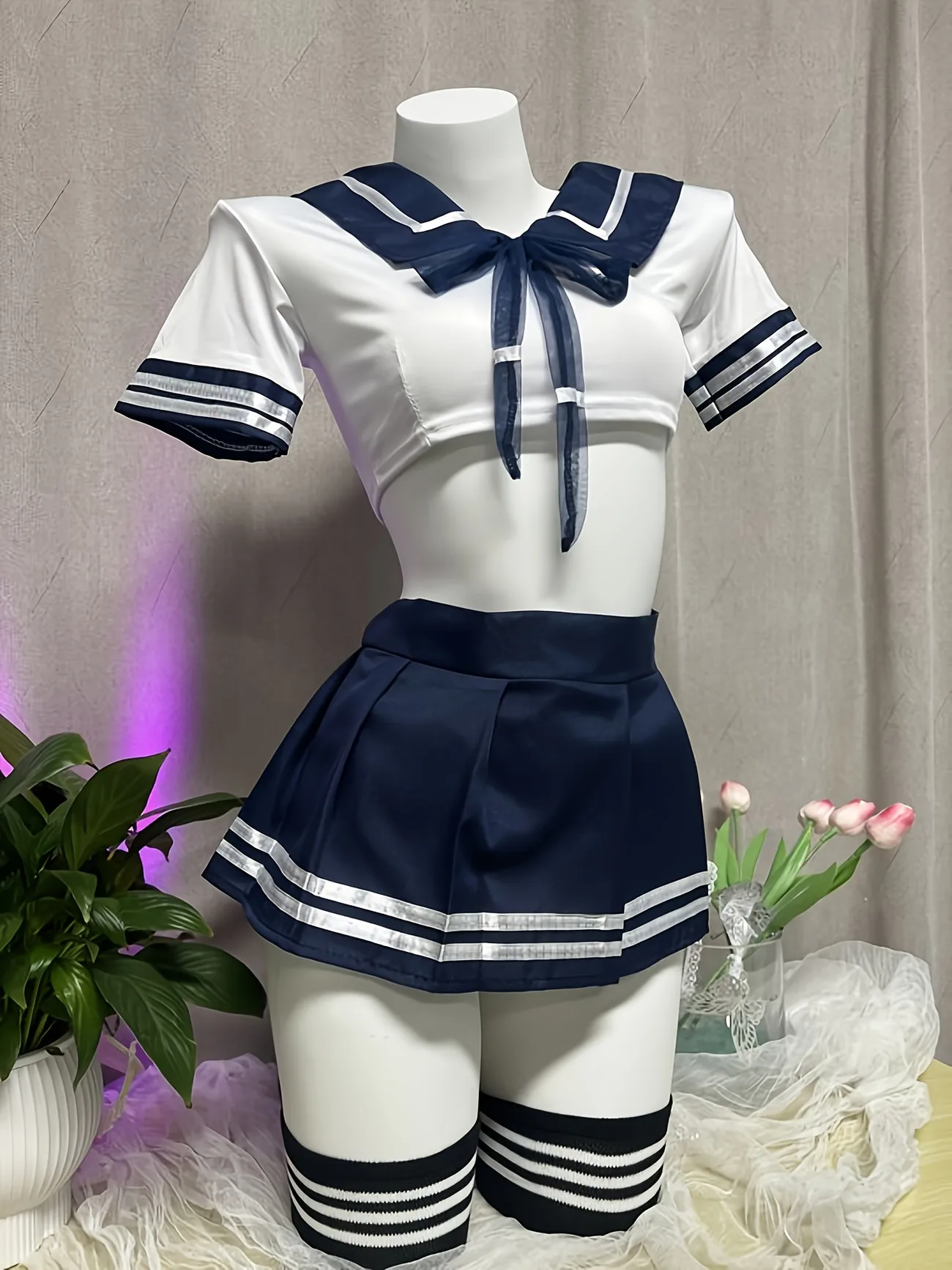 Women's Sailor Suit JK Uniform Set, Crop Top & Pleated Skirt, Navy Blue Pink Anime Cosplay Costume for Roleplay Party