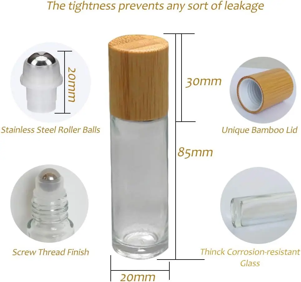 12Pcs 10ml Glass Roll on Bottle with Bamboo Lid for Essential Oils Refillable Perfume Bottles with Stainless Steel Roller Ball