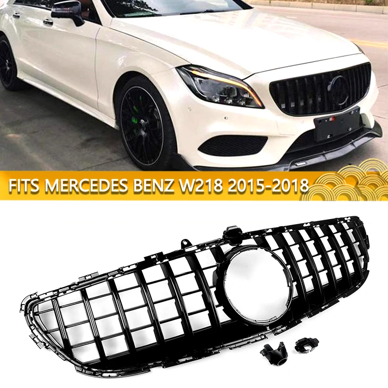 Glänzend schwarzer GTR-Style Frontgrill mit Kameraloch für Mercedes Benz CLS-Klasse W218 C218 X218 2015-2018 Kühlergrill