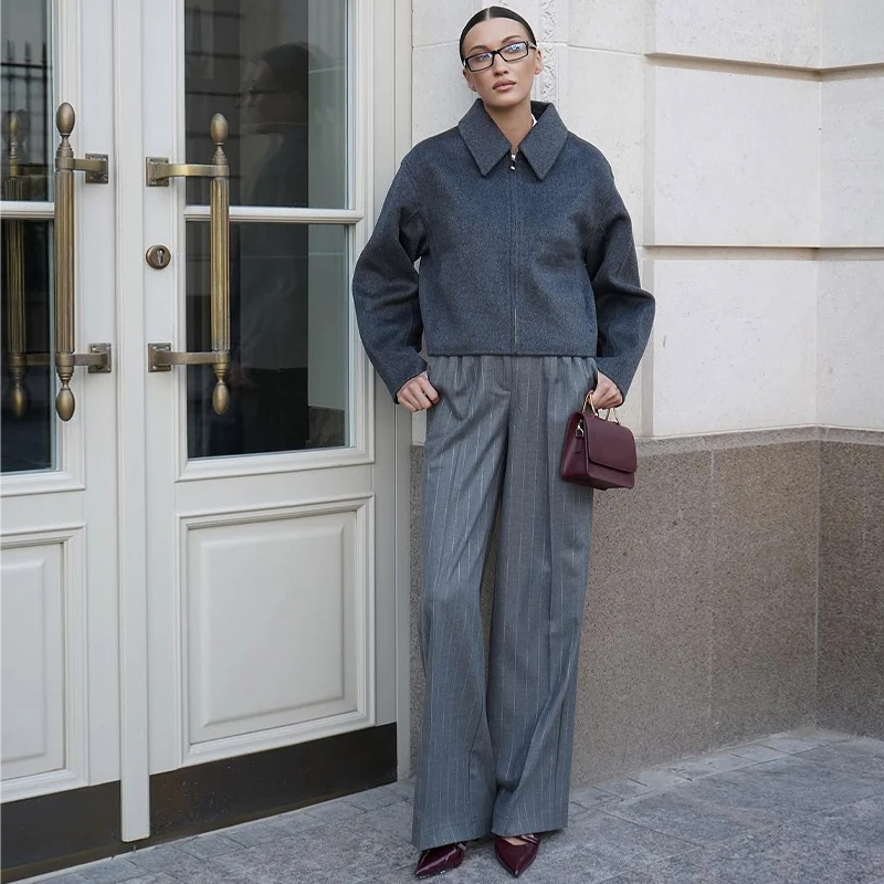 Übergroße Kurze Wolljacken für Damen mit Revers, Langen Ärmeln, Reißverschlusstaschen, Einfarbig, Locker Geschnitten, Schicke Herbst-Neuheiten Oberbekleidung – Detail 20