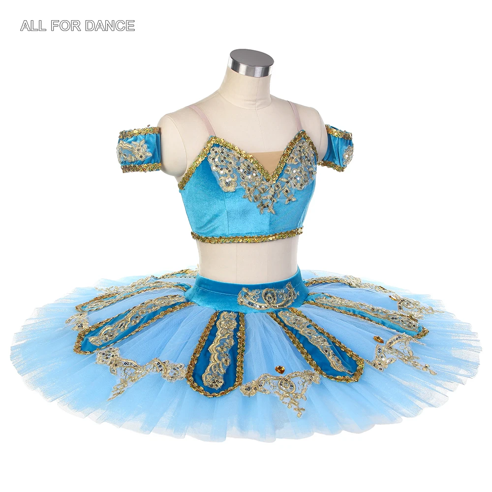 BLL479 Blue Velvet Bra Top with Seperated Pancake Tutu Skirt  Pre-Professional Ballet Dance Tutu Costume for Gilrs & Adult