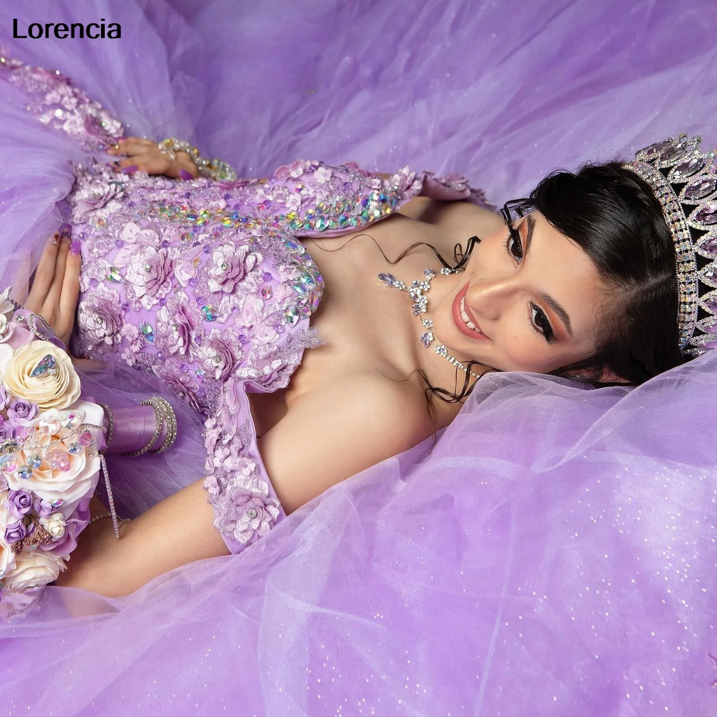 Customized Lavender Quinceanera Dress Ball Gown 3D Flowers Lace Applique Beading Rhinestones Sweet 16 Vestidos De 15 Años YQD670