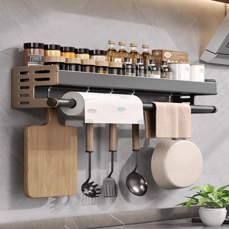 

Wall Mounted Spice Rack, No Drilling Kitchen Organizer, 2-Tier Countertop Shelf, Over Cabinet Storage with 5 Hooks for Pantry
