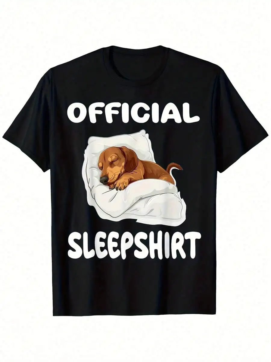 

Official Sleepshirt Dachshund Dog Print T-Shirt For Adults Casual Short Sleeve Round Neck Black