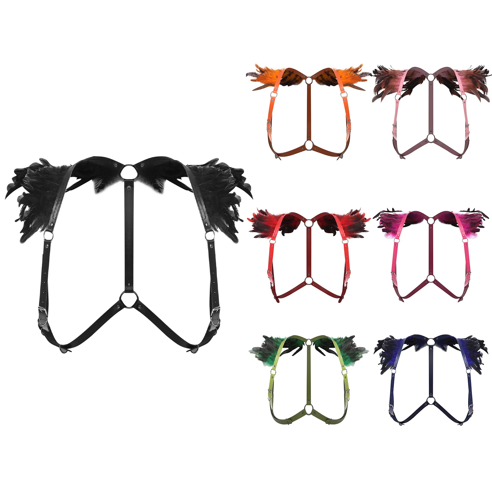 Charreteras de plumas góticas Punk para hombre y mujer, arnés de pecho ajustable, cinturón corporal de una pieza, accesorio de disfraz para fiesta y Club, Unisex