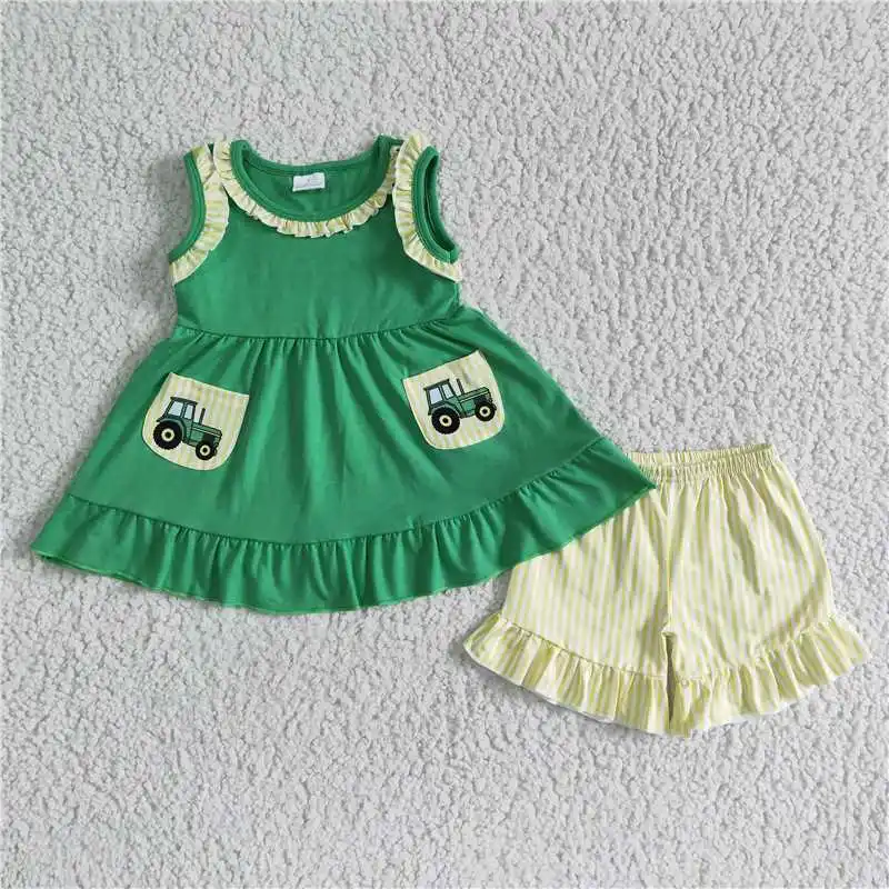 

Baby Girl Tractor Clothing Children Summer Pocket Tank Green Cotton Top Toddler Yellow Ruffle Shorts Kids Matching Outfit Set