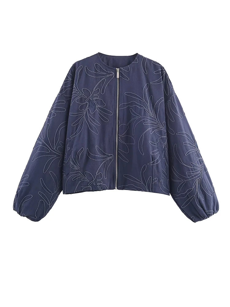 

Женские куртки с круглым вырезом и вышивкой, повседневные пальто на молнии с длинными рукавами, синяя, бежевая верхняя одежда