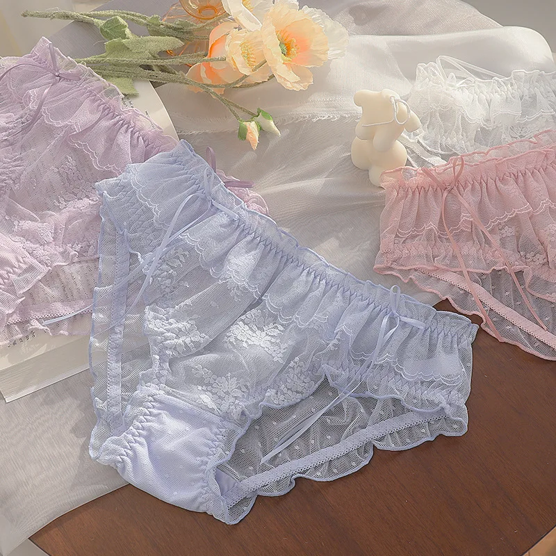 Japanese sexy full lace large size women\'s panties new girl sweet ruffled mid-waist quick-drying mesh see-through bow panties