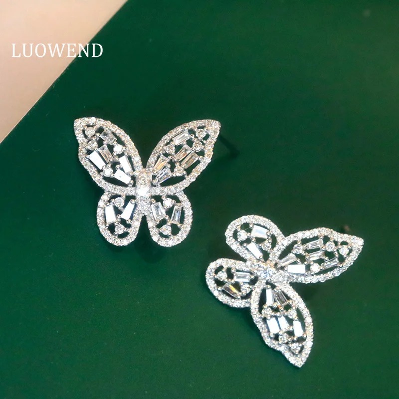 

LUOWEND 18K White Gold Earrings Au750 Real Natural Diamond Earring Butterfly Design Luxury Fine Jewelry