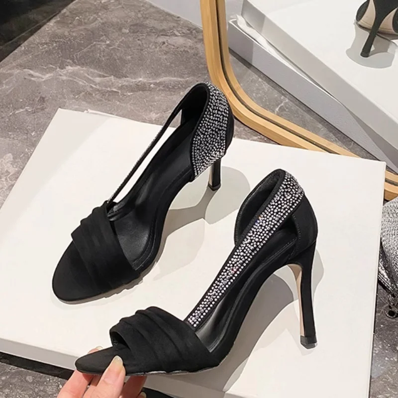 

New Women Sexy Bling Crystal Rhinestone Peep Sandal Women Stiletto Heel Strap Party Shoes High Heels Banquet Dress Women Sandals