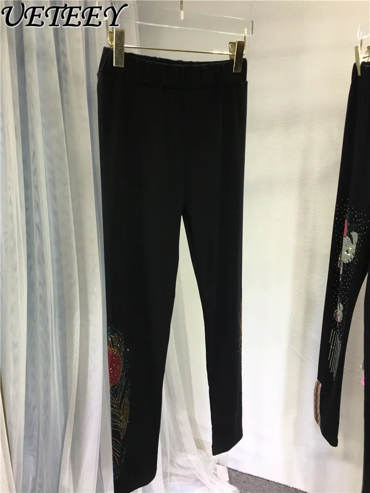 Pesado bordado cintura alta leggings das mulheres, emagrecimento leggings pretas, esticar apertado, tornozelo-comprimento calças, calças de fitness, perfuração quente