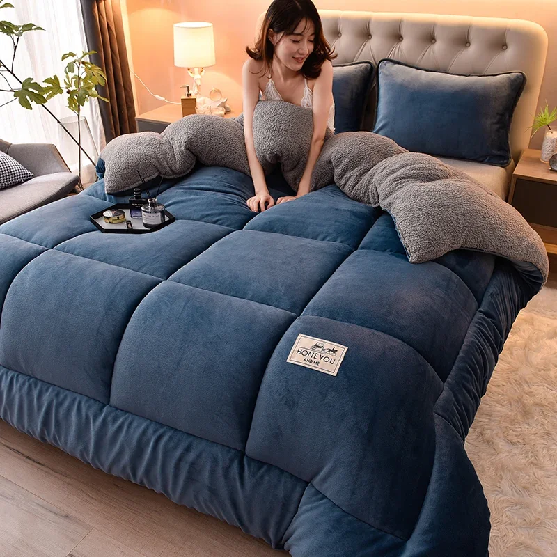 New Super Warm Faux Lambs Fleece Winter Comforter Double-Sided Plush Thickened Soft Fluffy Quilt Blanket for Single Double Bed