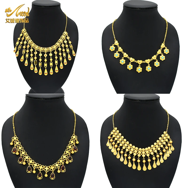 Dubai Flower Pendant Crystal Tassel Design Wholesale Necklace Gold Color Jewelry For Lady Nigeria Party Engagement Banquet