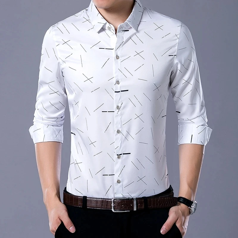 Men's Fashion Geometric Lines Print Shirt 2023 Spring New Slim Fit Long Sleeve Dress Shirt Business Casual Wedding Pink