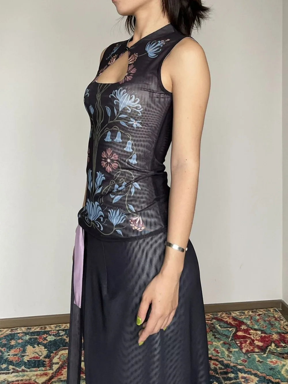 Yin Yang Qipao Set Reversible Floral Sheer Slip Black Qipao Two Piece Outfit Modern Dynasty Evening Wear Dualistic Harmony Aesth