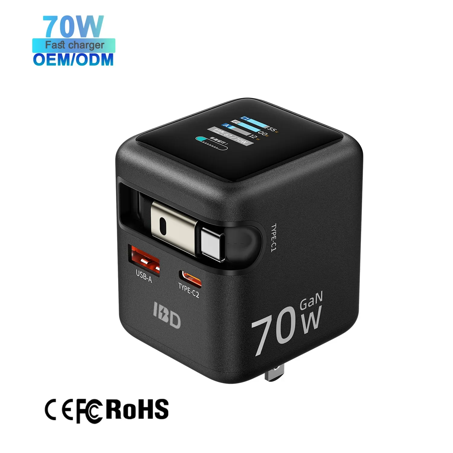 Mini cargador rápido PD70W GaN con Cable retráctil pantalla TFT cabezal de cargador de viaje multipuerto USB/tipo C para teléfon