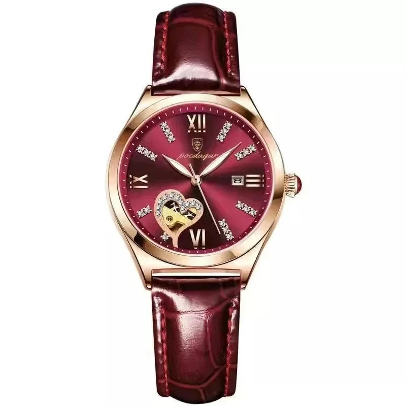 POEDAGAR 2022 Women Watches Fashion Leather Romance Red Dial Luxury Ladies Watch Waterproof Quartz Date Wristwatch