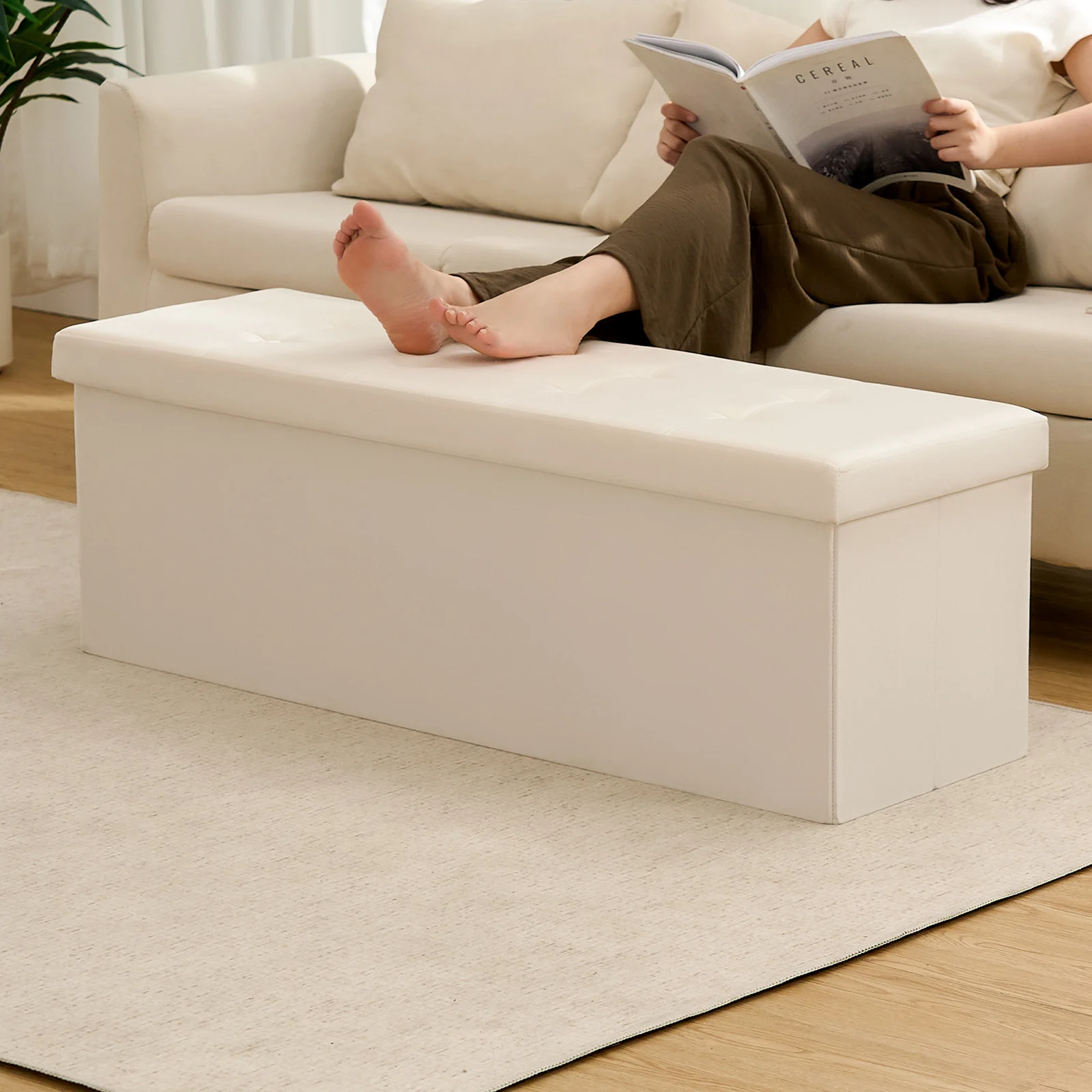 43 Inches Plush Velvet Folding Storage Ottoman Bench, Storage Chest, Foot Rest Stool, Bedroom Bench with Storage