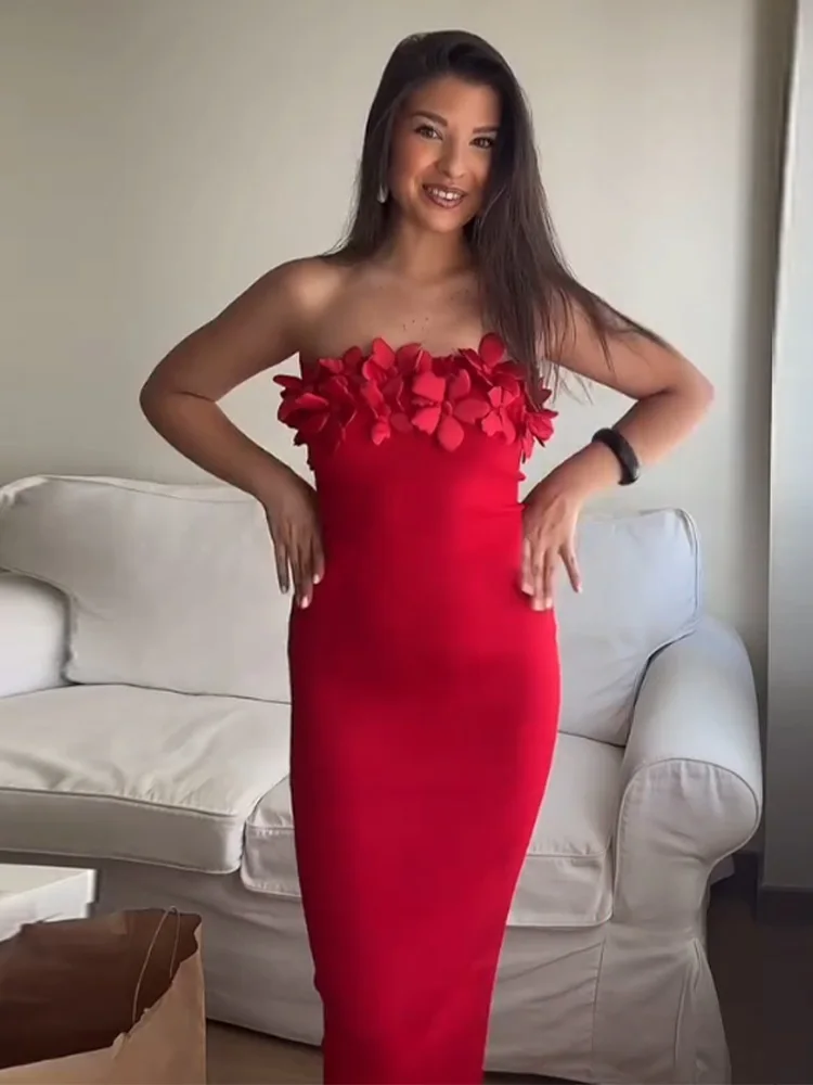 Trägerloses 3D-Blumen-Damenkleid, schulterfrei, sexy, rückenfrei, schmale Passform, Satin, einfarbig, Kleid, Roben, elegante Wickelhüfte, lange Kleider