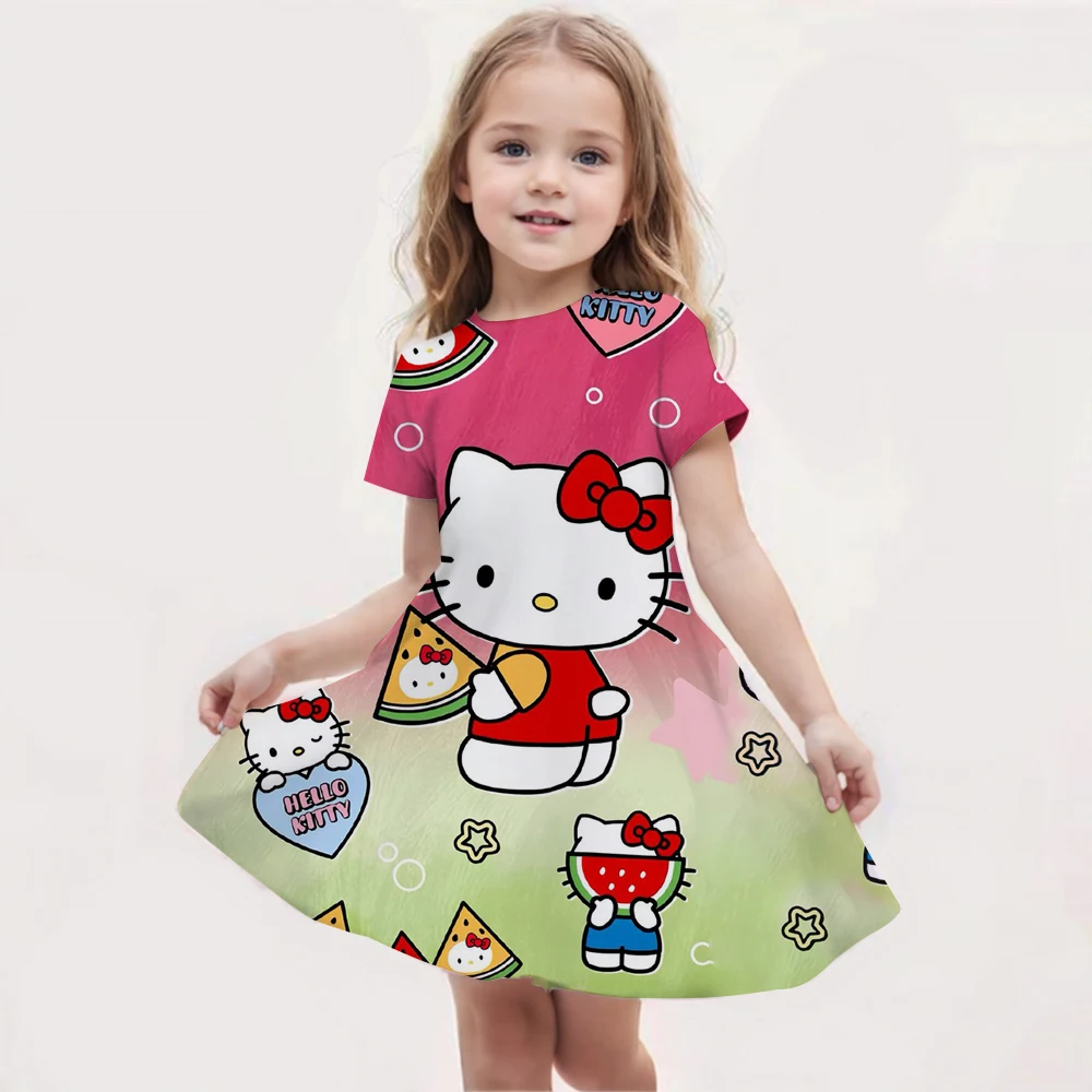 

Новинка 2023 года, платье с принтом «Hello Kitty», платье для девочек, повседневное дышащее платье с короткими рукавами для девочек, детская одежда