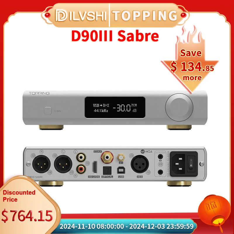 TOPPING D90 III SABRE Fully Balanced USB Audio Decoder ESS9039SPRO x2 DAC Chips Full MQA Decoder Pre-Amplifier IIS BT5.1 Input