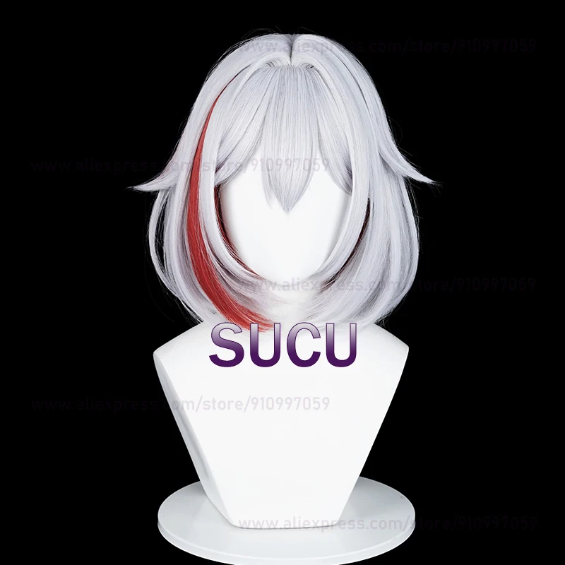 Honkai Star Rail Topaz Cosplay Wig 35cm Short Grey Purple Highlights Red Anime Hair Heat Resistant Synthetic Wigs + Wig Cap