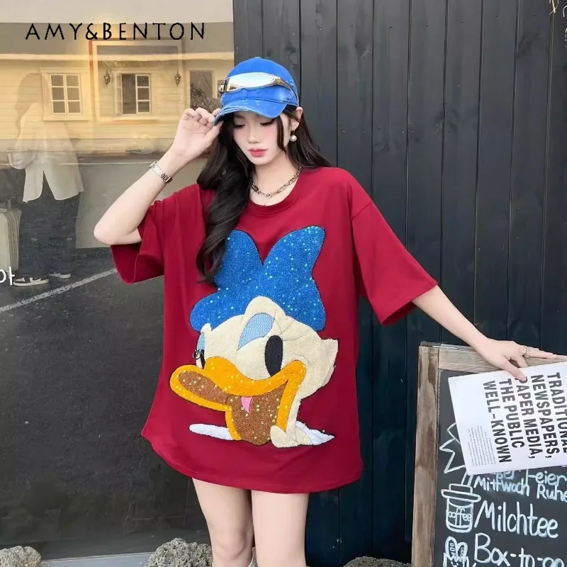 

2026 Summer New Heavy Industry Soft Cartoon Short-Sleeves T-shirts For Women's Y2k Loose Casual Pullover Top Tshirts Kawaii Tees