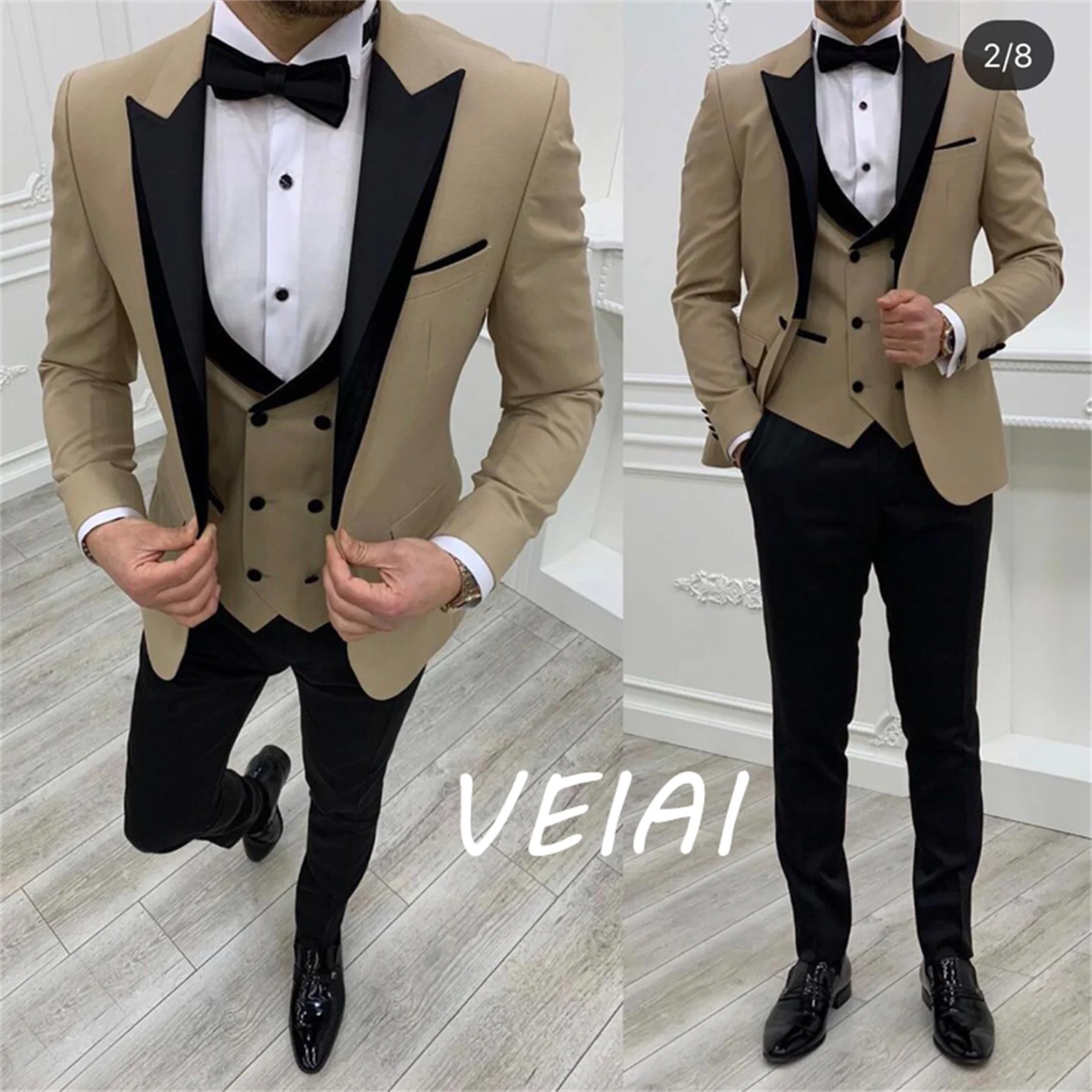 

Индивидуальные мужские костюмы из трех предметов приталенного кроя с двубортным жилетом, формальный свадебный смокинг для жениха, модный черный козырек