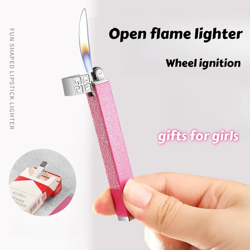 New Outdoor Mini Inflatable Lighter Portable Grinding Wheel Rechargeable Butane Open Flame Lighter Girl Smoking Gift